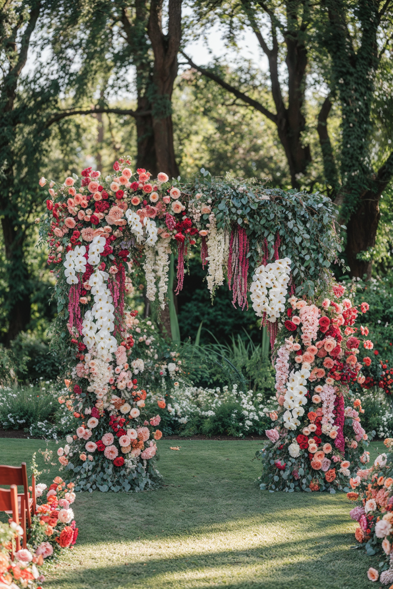 Colorful outdoor wedding arch adorned with cascading roses, orchids, and greenery, creating a picturesque garden ceremony setting.