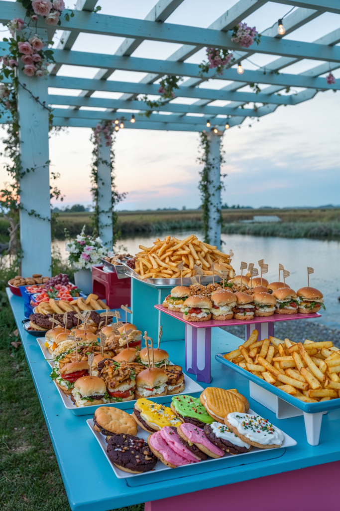 A colorful outdoor table setup with a variety of appetizers and finger foods, including sliders, fries, and cookies, set against a serene landscape at dusk