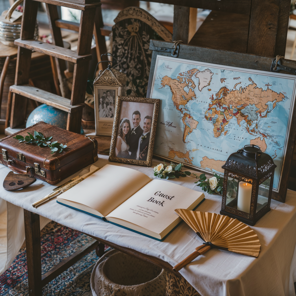 Vintage guest book table with a world map, family photos, and a rustic suitcase, creating a nostalgic and travel-themed wedding décor element.