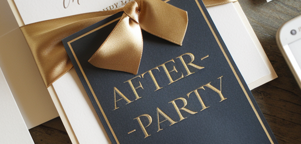 A black and gold invitation card for an after-party, adorned with a satin bow, laid on a table among other wedding stationery.