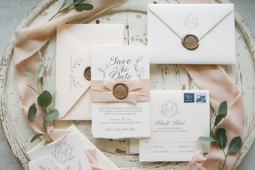 Delicate wedding invitation suite with wax seals, blush ribbons, and floral details, showcasing a refined and classic stationery style.