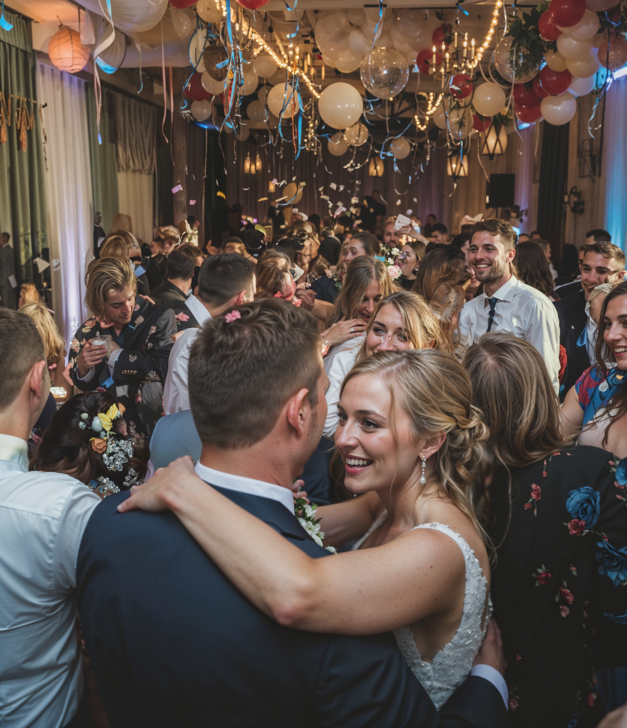 Bride and groom share a romantic dance surrounded by friends and family under festive lights and balloons, capturing a joyous wedding reception atmosphere