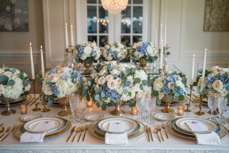 Luxurious wedding table setting with hydrangeas, roses, and eucalyptus in gold vases, accompanied by candles and crystal glassware for a sophisticated reception look.