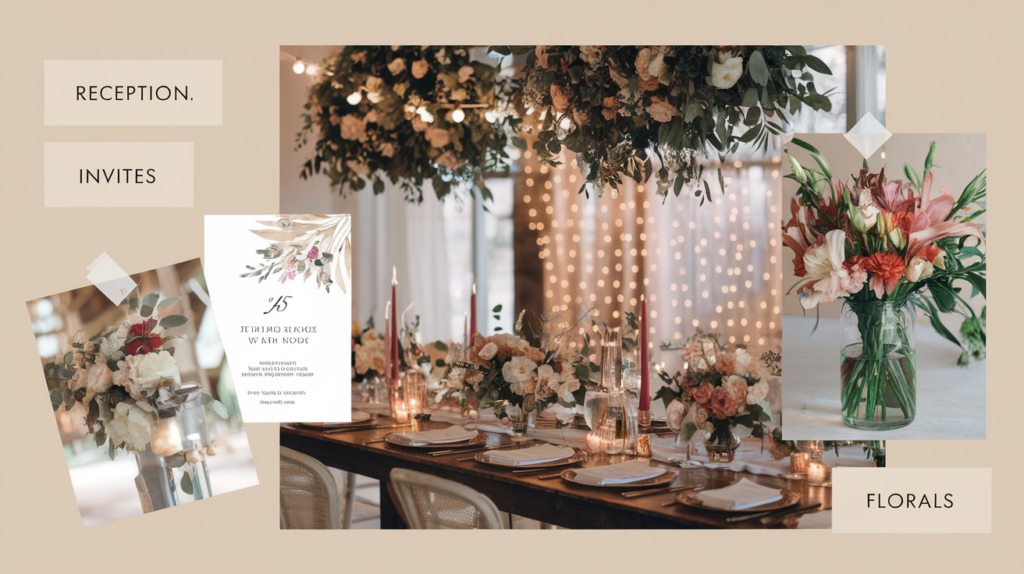 Digital mood board with wedding inspirations, including reception decor, floral arrangements, and invitation designs, ideal for couples planning a cohesive and aesthetically pleasing wedding style.