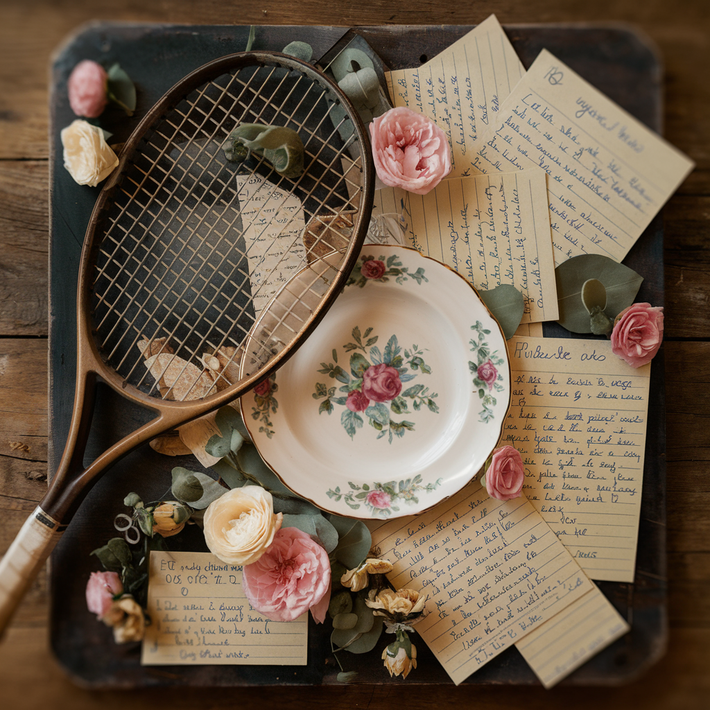 A creative collage featuring personal wedding elements like a vintage tennis racket, floral dishware, and handwritten notes, symbolizing nostalgia and heritage in wedding decor.