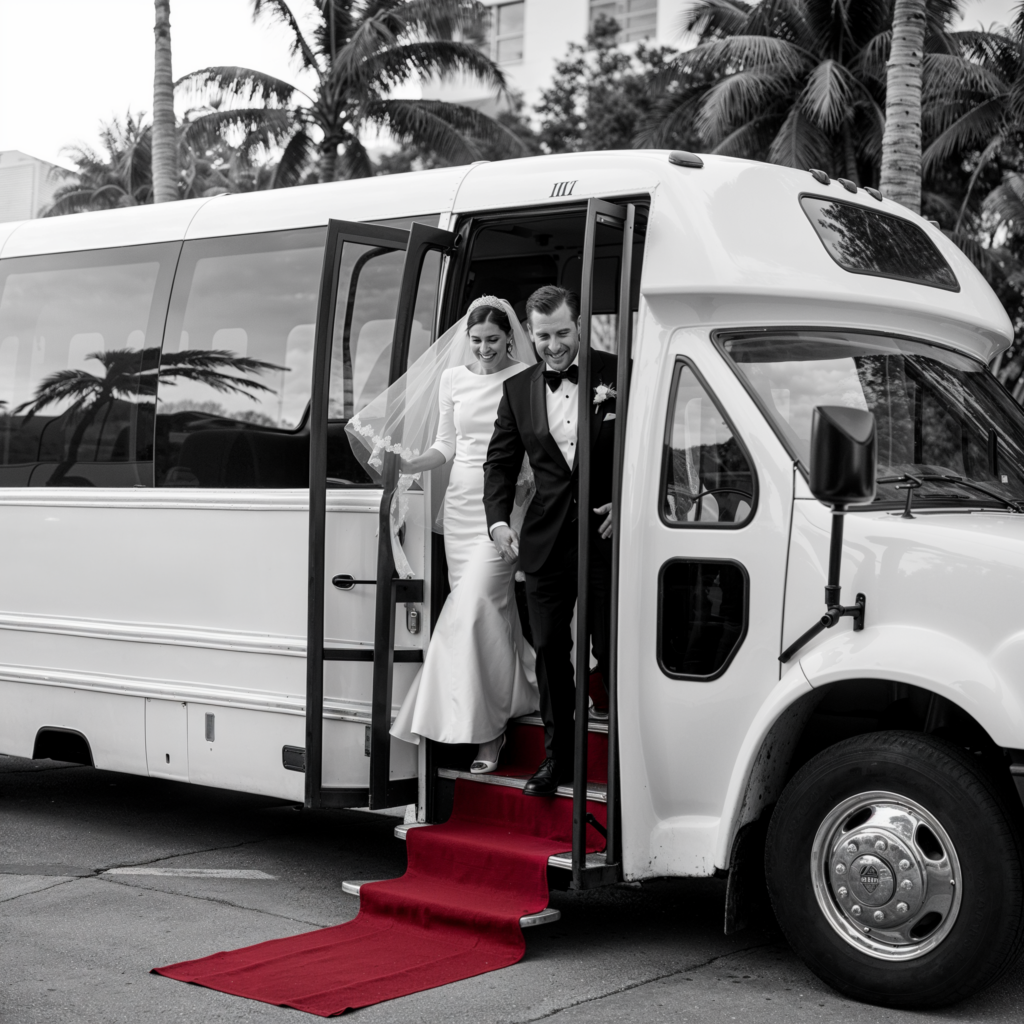 Bride and groom step out of a white bus onto a red carpet, setting a glamorous tone for their wedding transportation. Ideal for luxury wedding entrances and stylish transportation ideas.