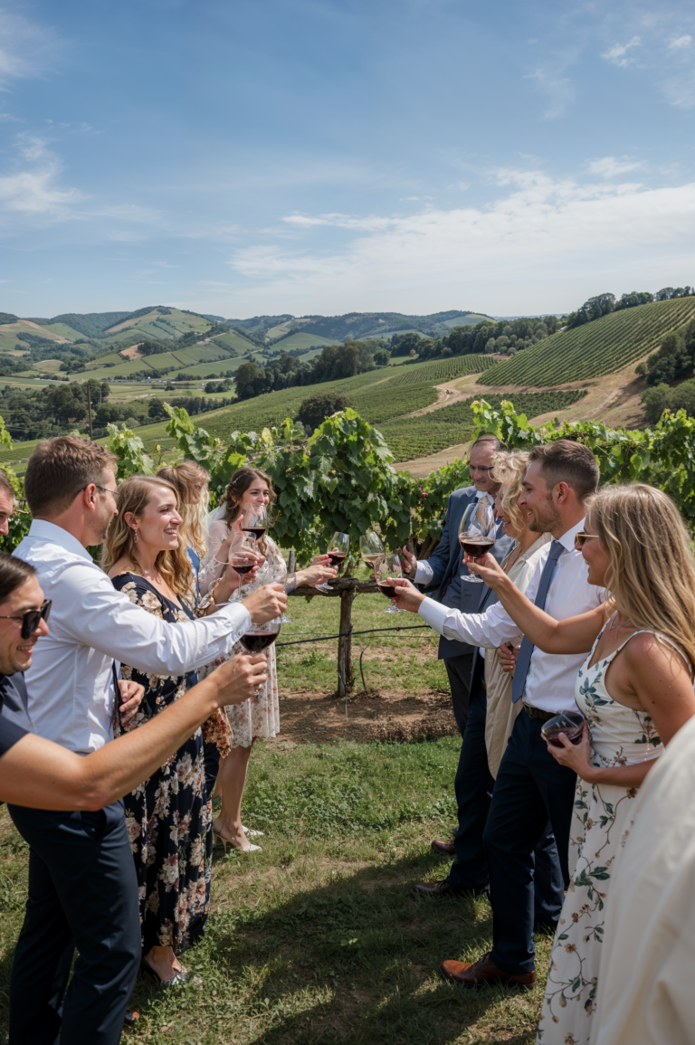 Wedding guests raise glasses of red wine for a toast amidst scenic vineyard views, celebrating an outdoor vineyard wedding with lush green hills in the background, perfect for couples seeking a rustic and elegant vineyard wedding experience.