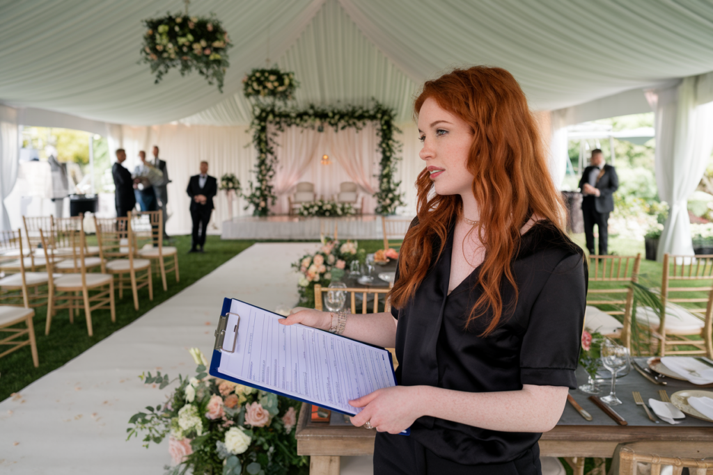 A dedicated wedding coordinator with red hair, holding a clipboard while overseeing the setup of an elegant wedding ceremony under a white tent with floral decorations.