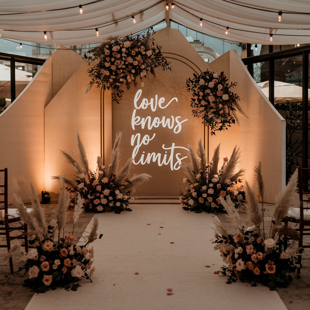 Stunning wedding ceremony entrance with floral arrangements and pampas grass surrounding a 'Love Knows No Limits' sign, adding a romantic touch to the event décor.