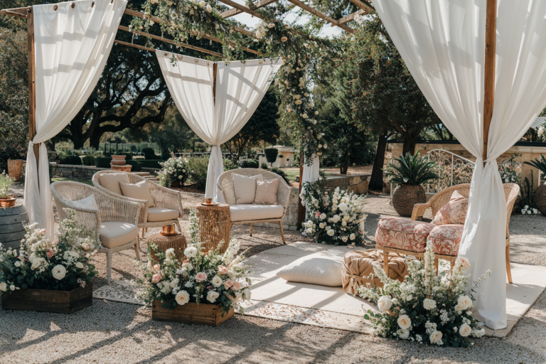 Charming outdoor lounge area with wicker chairs, soft pillows, and floral arrangements under a canopy, providing a cozy seating area for wedding guests.