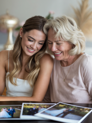 A candid moment between a bride and her mother, smiling while reminiscing over wedding photos, symbolizing the emotional journey of wedding planning and family connections.